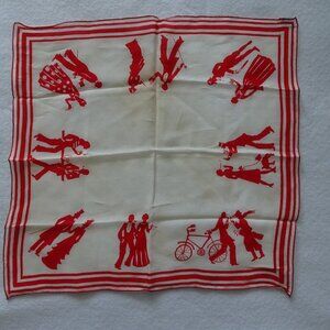 Vintage Silk Sally Gee Scarf 16 x 16 White Red Man & Woman Art Deco Theme